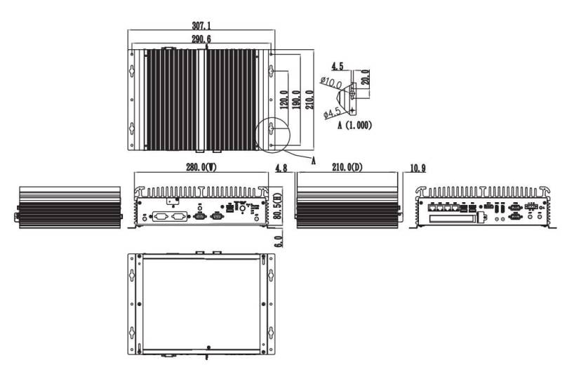 Dimensions du PC Fanless industriel eBOX710A Axiomtek - IP Systèmes